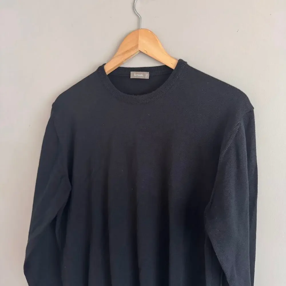 ferrante Black Crewneck Merino Wool Sweater Made in Italy Size 50 Medium